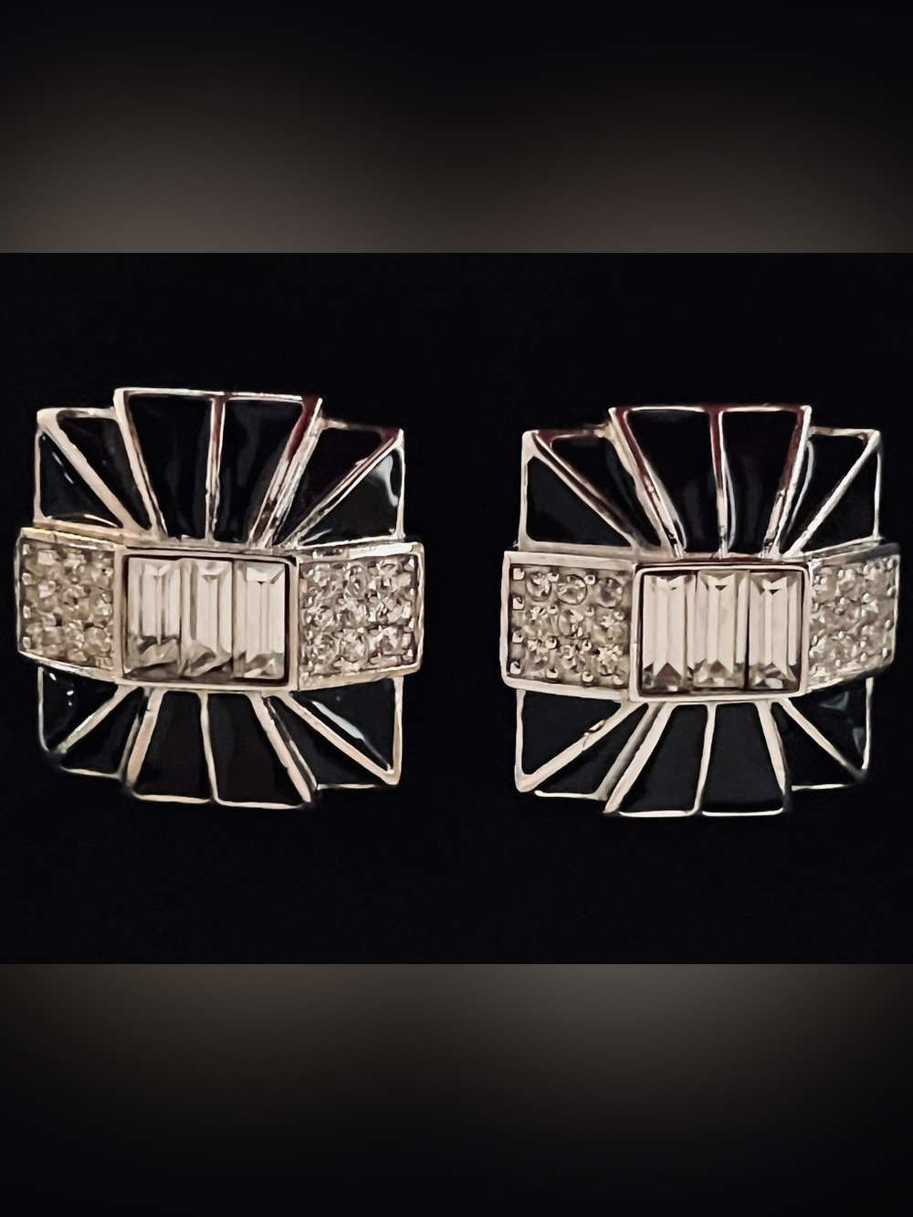 #229 Vintage Givenchy Art Deco Silver-tone Baguette Black Enamel CZ Earrings